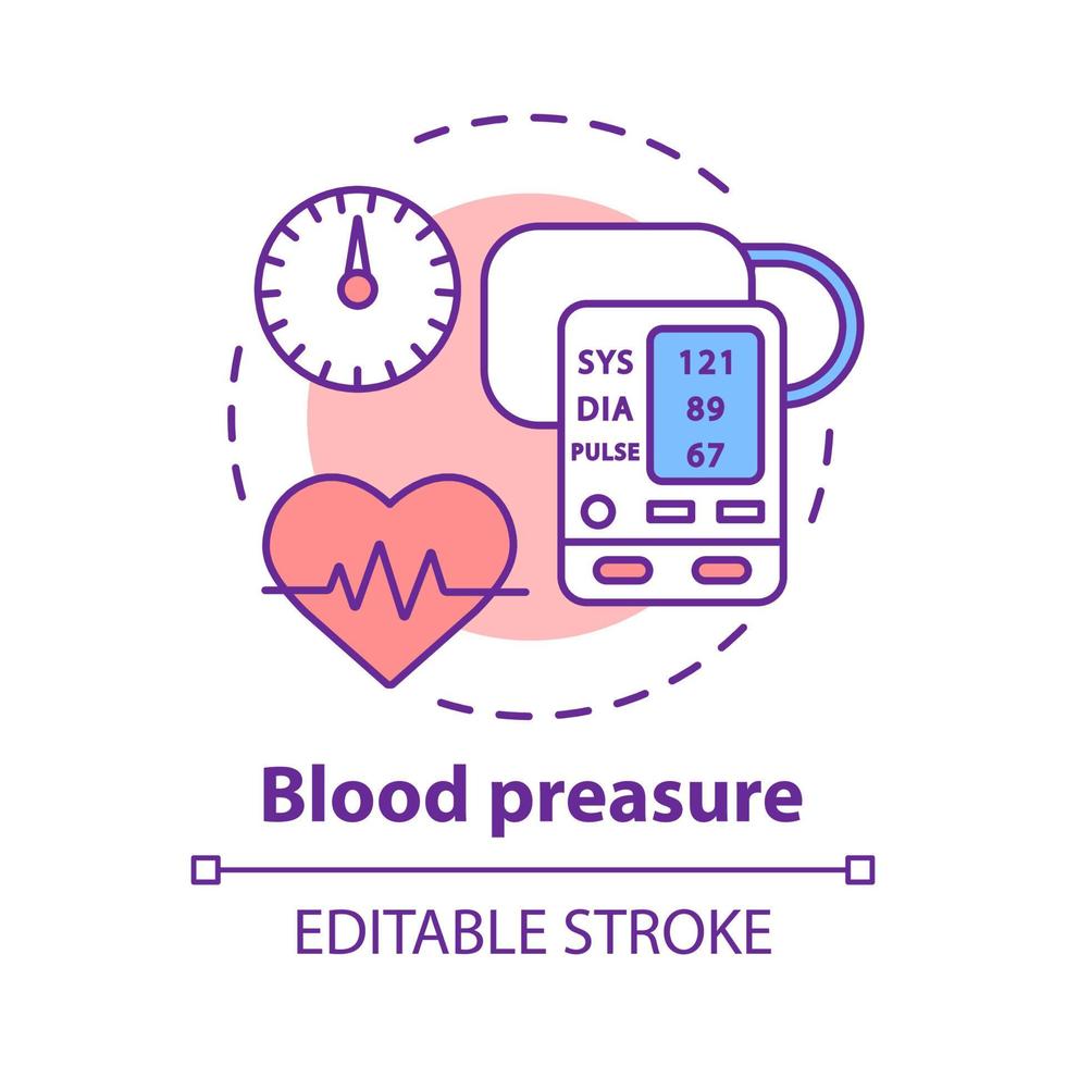 Blood pressure control concept icon. Heart functioning, pulse monitoring idea thin line illustration. Systolic and diastolic pressure rate. Vector isolated outline drawing. Editable stroke