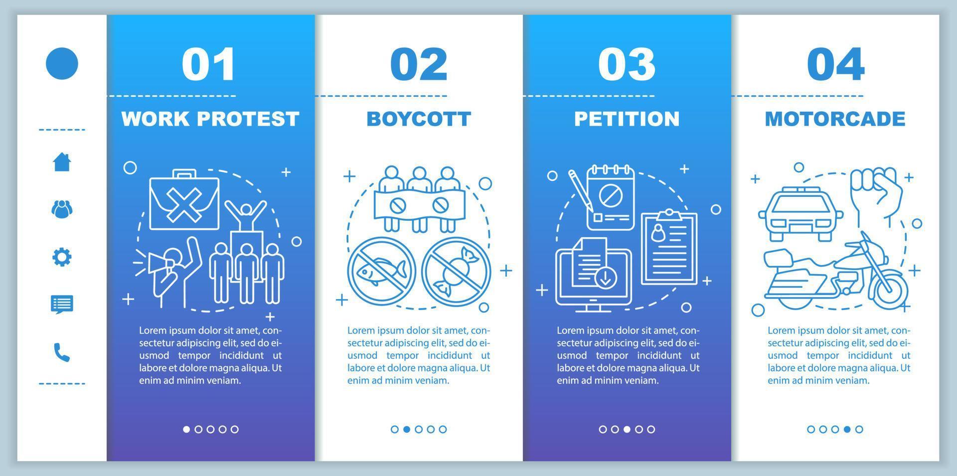 Social protest onboarding mobile web pages vector template. Responsive smartphone website interface idea with linear illustrations. Public demonstration webpage walkthrough step screens. Color concept