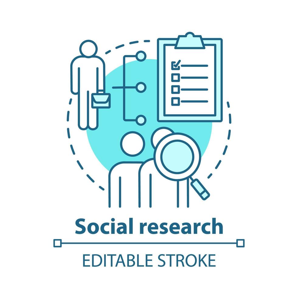 Social research concept icon. Sociology idea thin line illustration. Sociological quantitative analysis. Social poll, survey. Candidate sourcing. Vector isolated outline drawing. Editable stroke