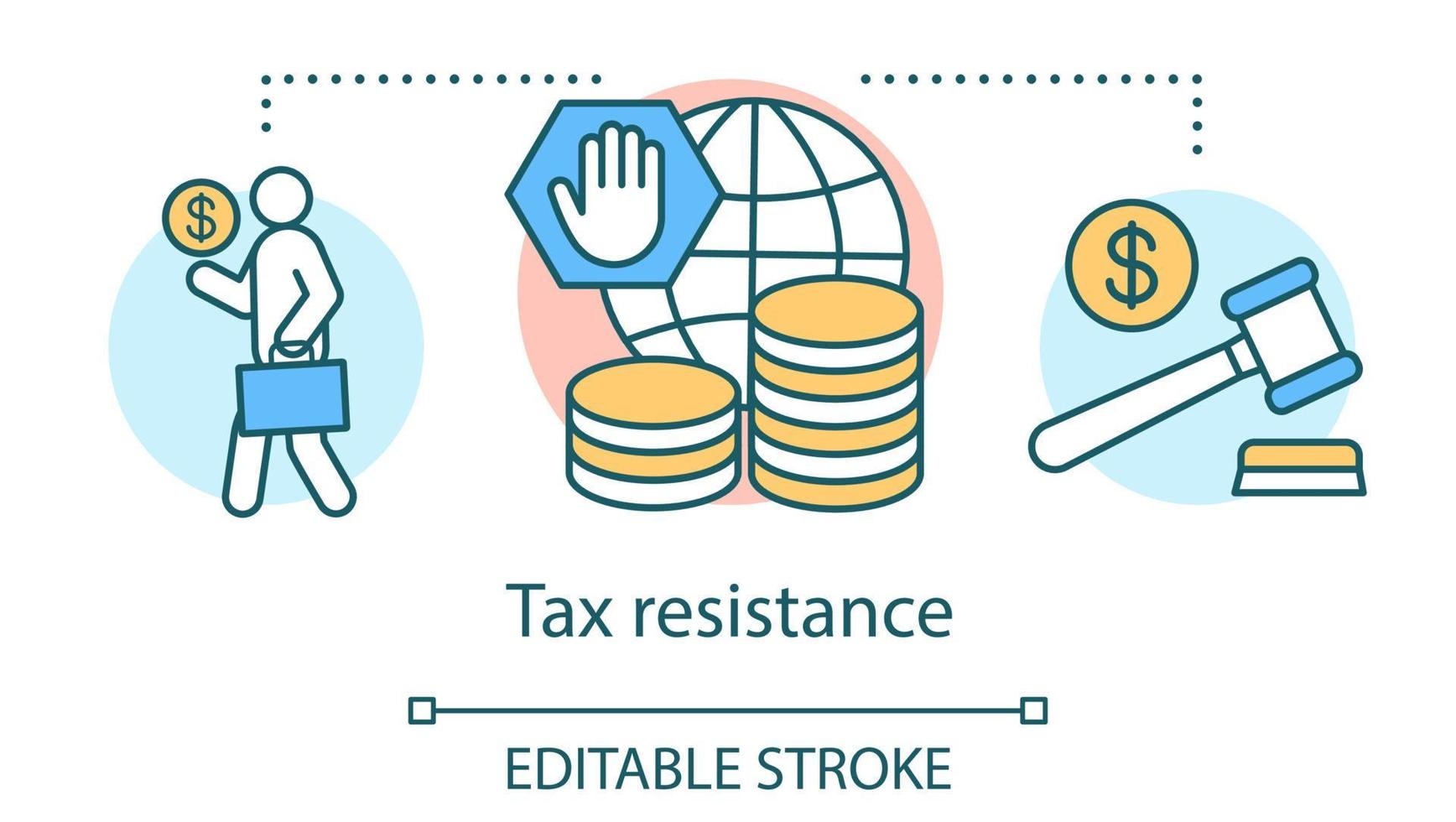 icono del concepto de resistencia fiscal. desobediencia civil, idea de manifestación del gobierno ilustración de línea delgada. contribuyente con maleta, efectivo y mazo de juez dibujo de contorno aislado vectorial. trazo editable vector