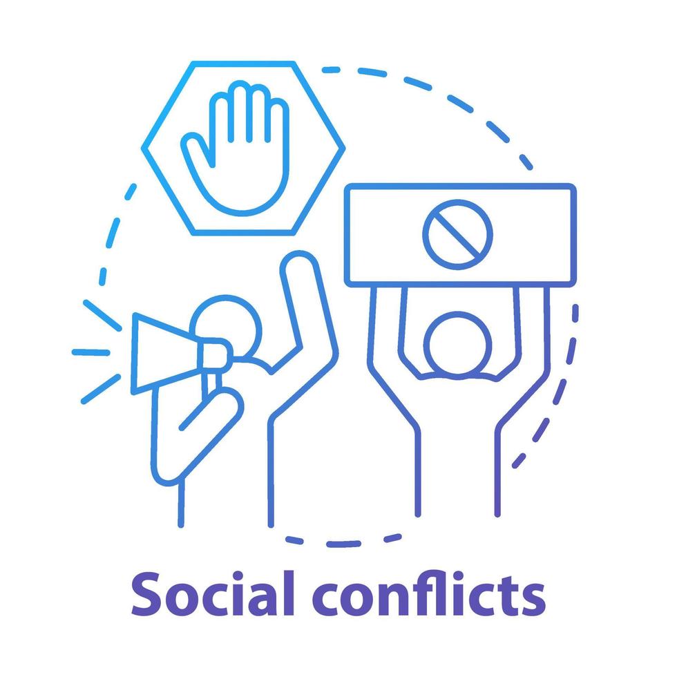 Social conflicts and disputes concept icon. Antisocial behaviour, violence and unrest idea thin line illustration. Riot, strike, civil protest. Vector isolated outline drawing