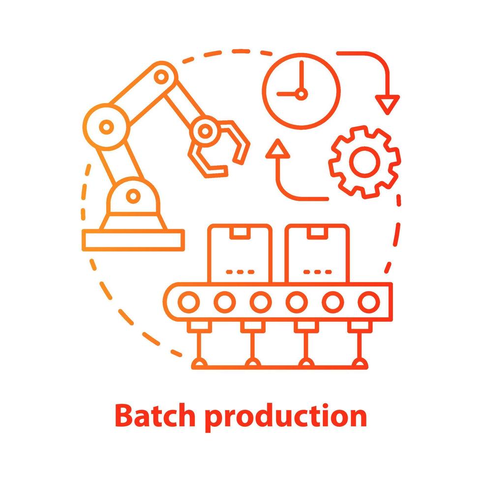 Batch production red concept icon. Manufacturing method idea thin line illustration. Mass production process. Serial manufacture. Machinery equipment. Vector isolated outline drawing. Editable stroke