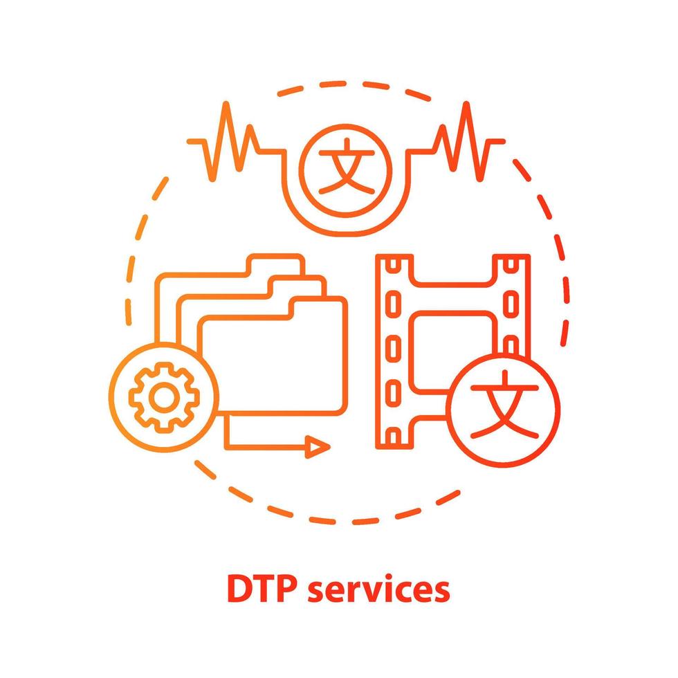 DTP services red concept icon. Desktop publishing services idea thin line illustration. Copy editing, content translation and text formatting. Vector isolated outline drawing. Editable stroke