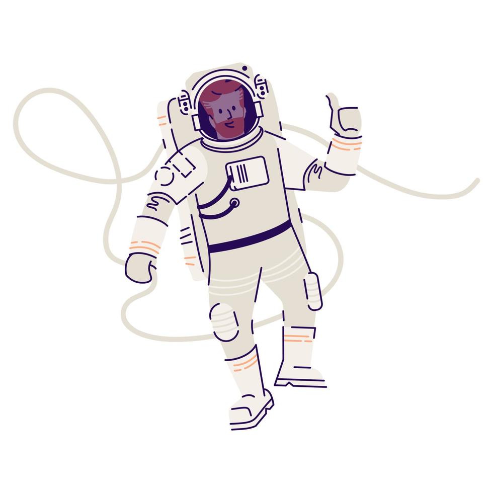 Astronaut in spacesuit floating flat vector illustration. Male cosmonaut, space traveler flying in zero gravity and showing ok sign isolated cartoon character on white background. Cosmic mission