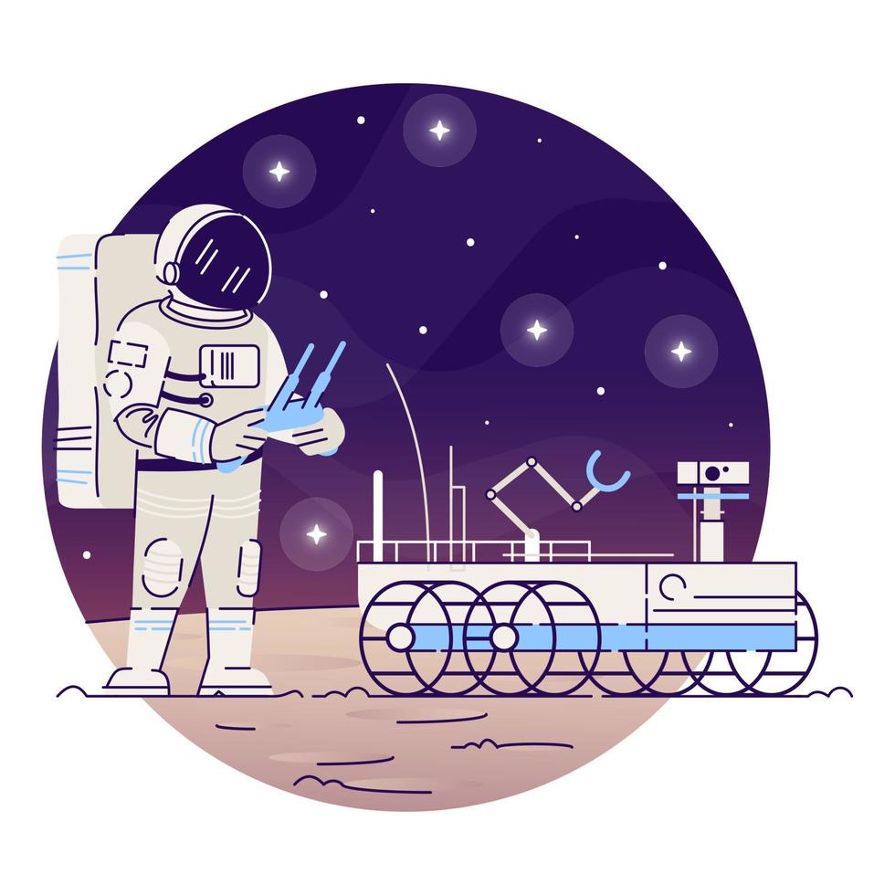 Astronaut with moon rover flat concept icon. Cosmonaut in outer space sticker, clipart. Space exploration vehicle and aerospace technology isolated cartoon illustration on white background vector