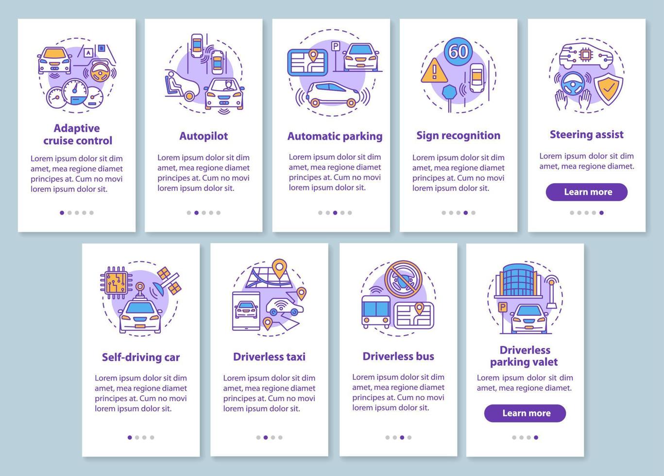 Self-driving car onboarding mobile app page screen set with linear concepts. Driverless car features, industry walkthrough steps graphic instructions. UX, UI, GUI vector template with illustrations