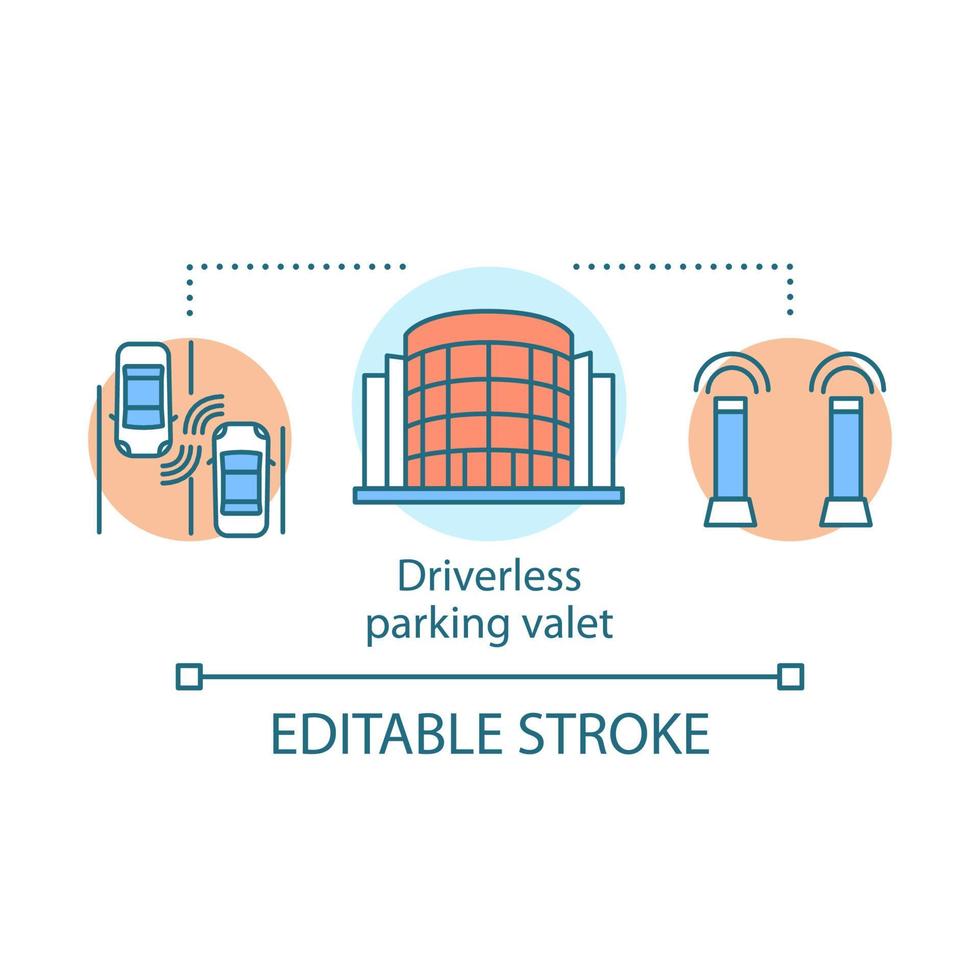 Driverless parking valet concept icon. Stand for autonomous cars. Automated car-park. Smart parking technology idea thin line illustration. Vector isolated outline drawing. Editable stroke