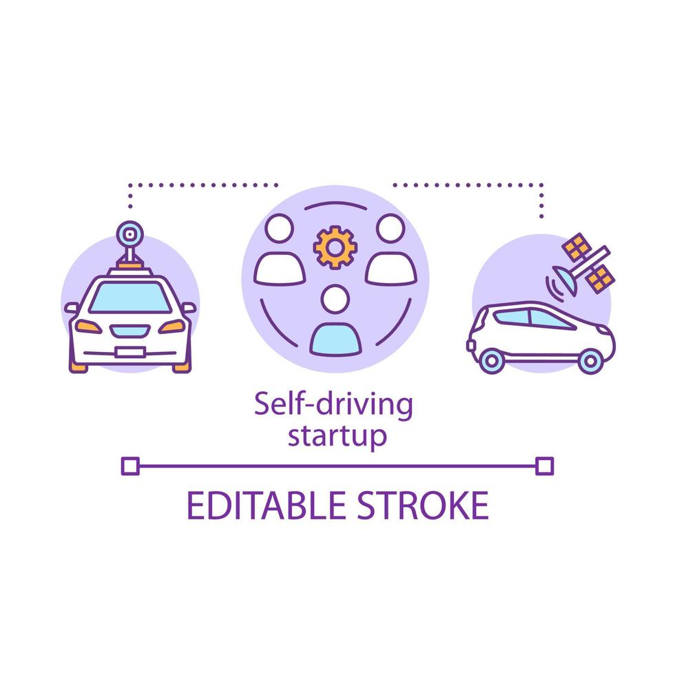 Self-driving startup concept icon. Making autonomous vehicles. Engineers, driverless vehicle. Smart cars development idea thin line illustration. Vector isolated outline drawing. Editable stroke