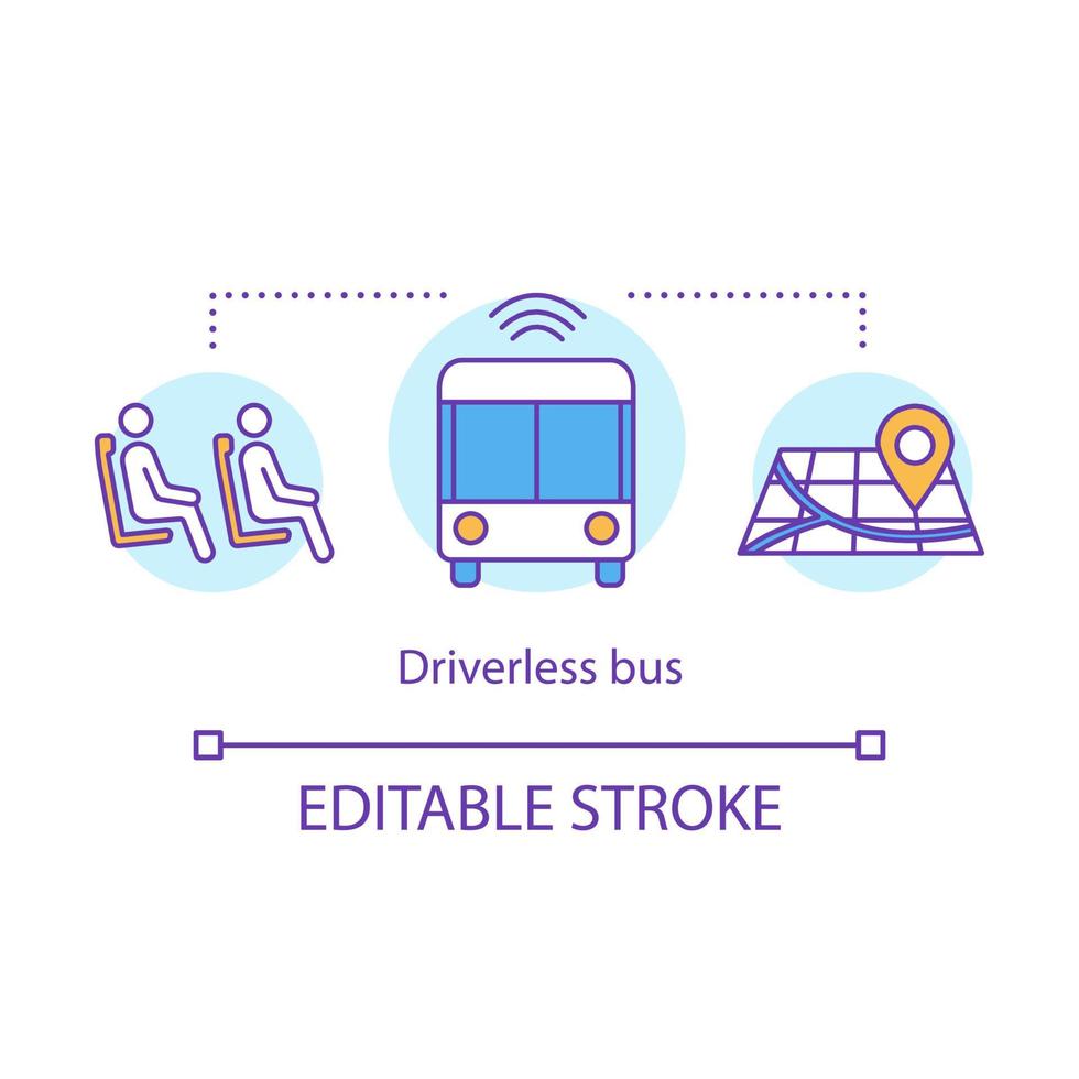 Driverless bus concept icon. Track route of transport. Transportation of passengers in bus with Wi-Fi idea thin line illustration. Vector isolated outline drawing. Editable stroke