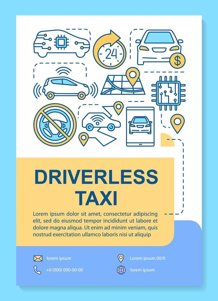 diseño de plantilla de folleto de taxi sin conductor. Renta de auto robot. folleto, folleto, diseño de impresión de folleto con ilustraciones lineales. diseños de páginas vectoriales para revistas, informes anuales, carteles publicitarios vector