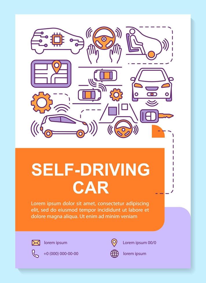 Self-driving car brochure template layout. Autonomous vehicle. Flyer, booklet, leaflet print design with linear illustrations. Vector page layouts for magazines, annual reports, advertising posters