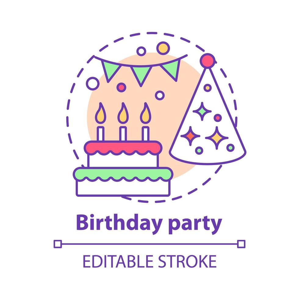 Birthday party concept icon. B-day holiday celebration idea thin line illustration. Cake, birthday hat and decorations. Special event planning. Vector isolated outline drawing. Editable stroke