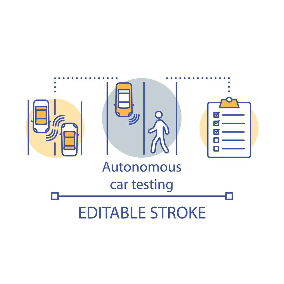 icono de concepto de prueba de coche autónomo. evitar situaciones de emergencia. ilustración de línea delgada de idea de examen de seguridad de vehículos y peatones. dibujo de contorno aislado vectorial. trazo editable vector
