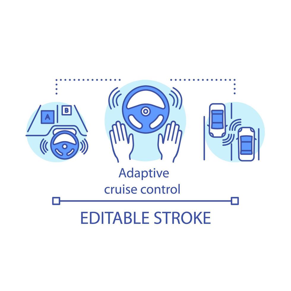 Adaptive cruise control concept icon. Automatically adjust speed and safe distance. System for avoid collisions idea thin line illustration. Vector isolated outline drawing. Editable stroke