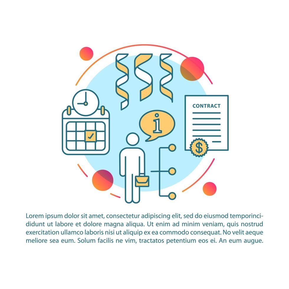 Corporate event management article page vector template. Employment, recruitment. Brochure, magazine, booklet design element with linear icons and text. Print design. Concept illustrations