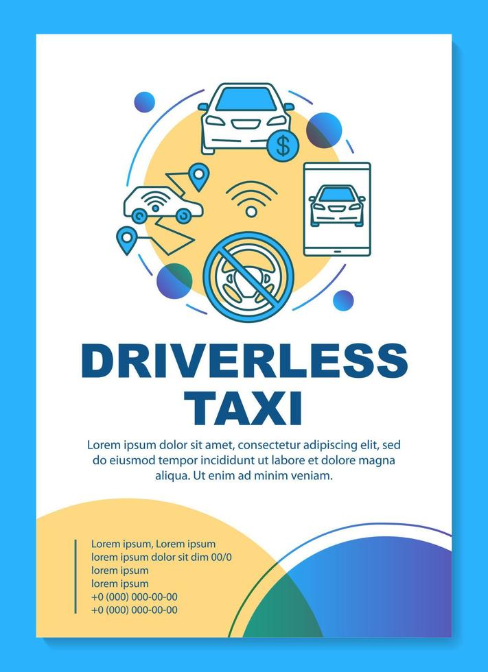 Driverless taxi brochure template layout. Robotic car for rent. Flyer, booklet, leaflet print design with linear illustrations. Vector page layouts for magazines, annual reports, advertising posters