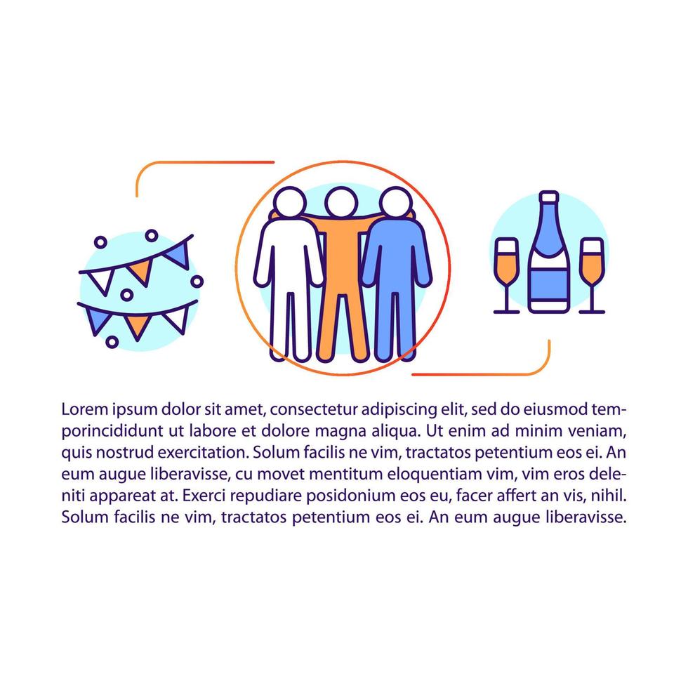 plantilla de vector de página de artículo de fiesta. celebración de vacaciones. folleto, revista, elemento de diseño de folleto con iconos lineales y texto. gestión de eventos. pasatiempo de amigos. diseño de impresión. Ilustraciones de concepto