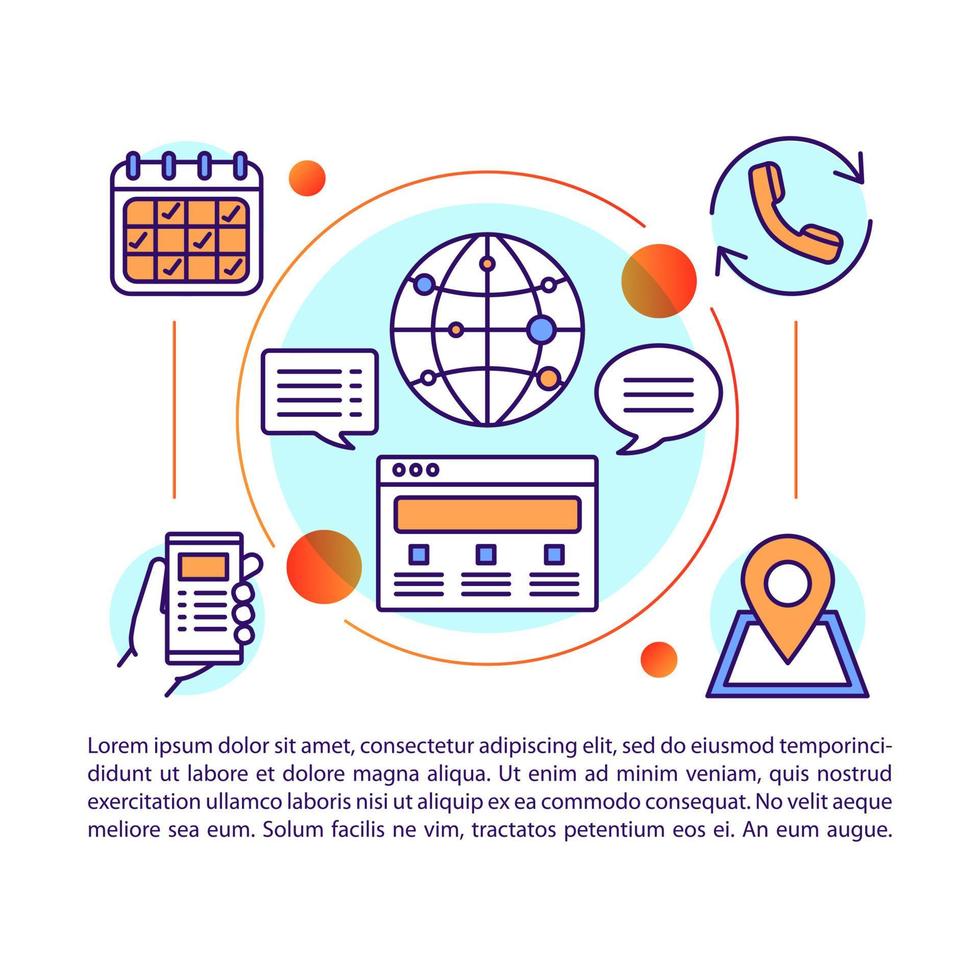 Contact center article page vector template. Customer support service. Communication. Brochure, magazine, booklet design element with linear icons and text. Print design. Concept illustrations