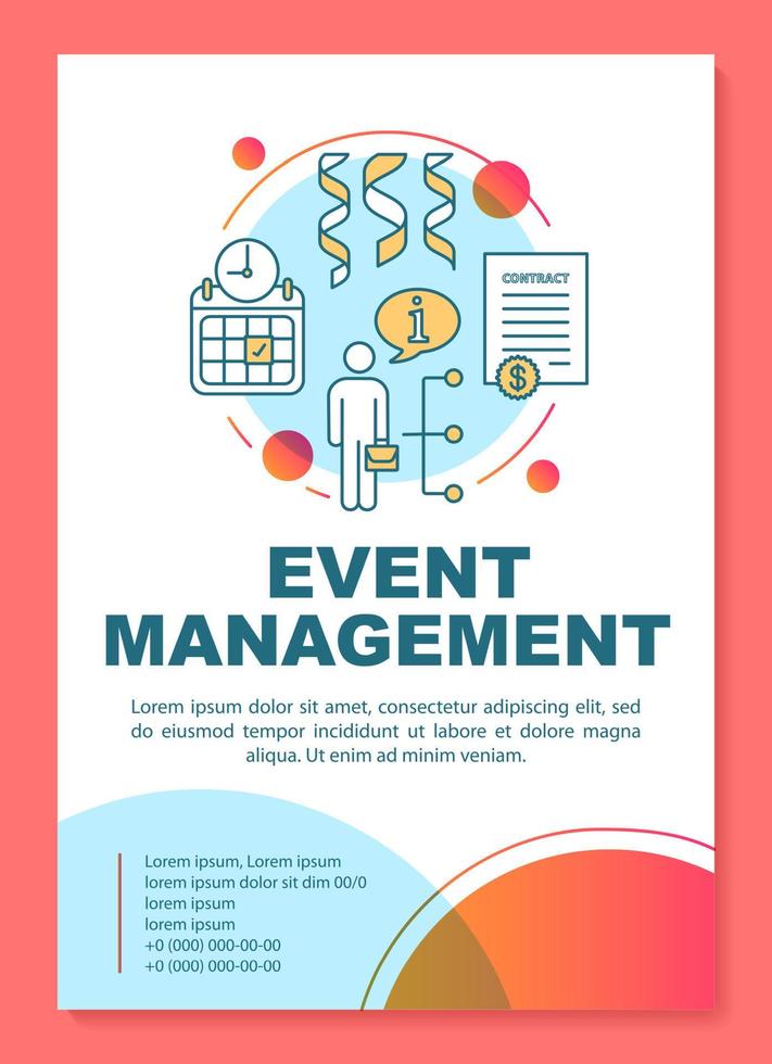 Event management poster template layout. Seminar, business meeting planning. Banner, booklet, leaflet print design with linear icons. Vector brochure page layouts for magazines, advertising flyers