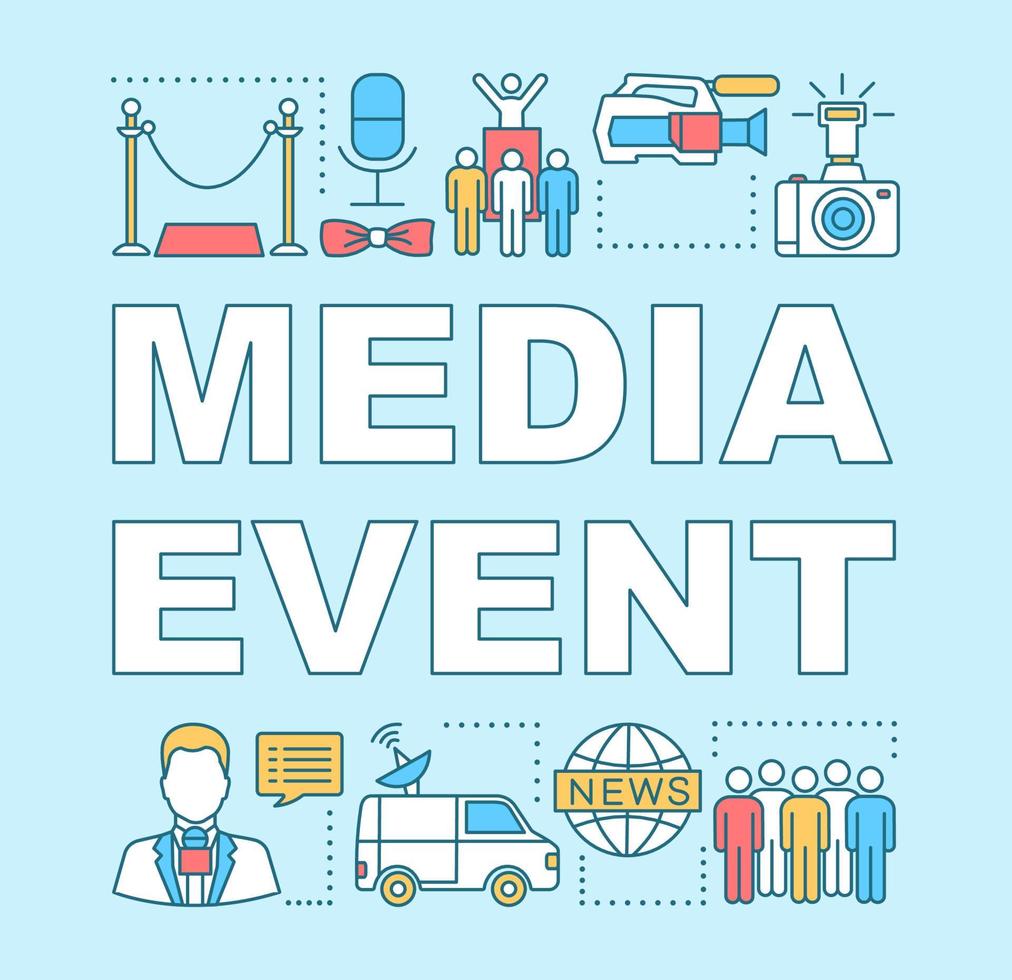 Media event word concepts banner. Video shooting. Event agency. Mass media. Breaking news. Presentation, website. Isolated lettering typography idea with linear icons. Vector outline illustration
