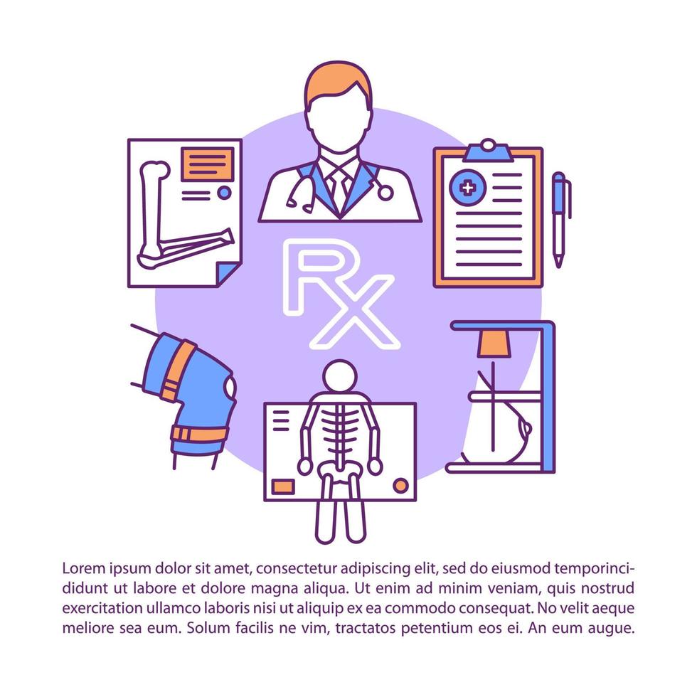 X-ray examination article page vector template. Roentgen. Hospital equipment. Brochure, magazine, booklet design element, linear icons, text box. Print design. Concept illustrations with text space