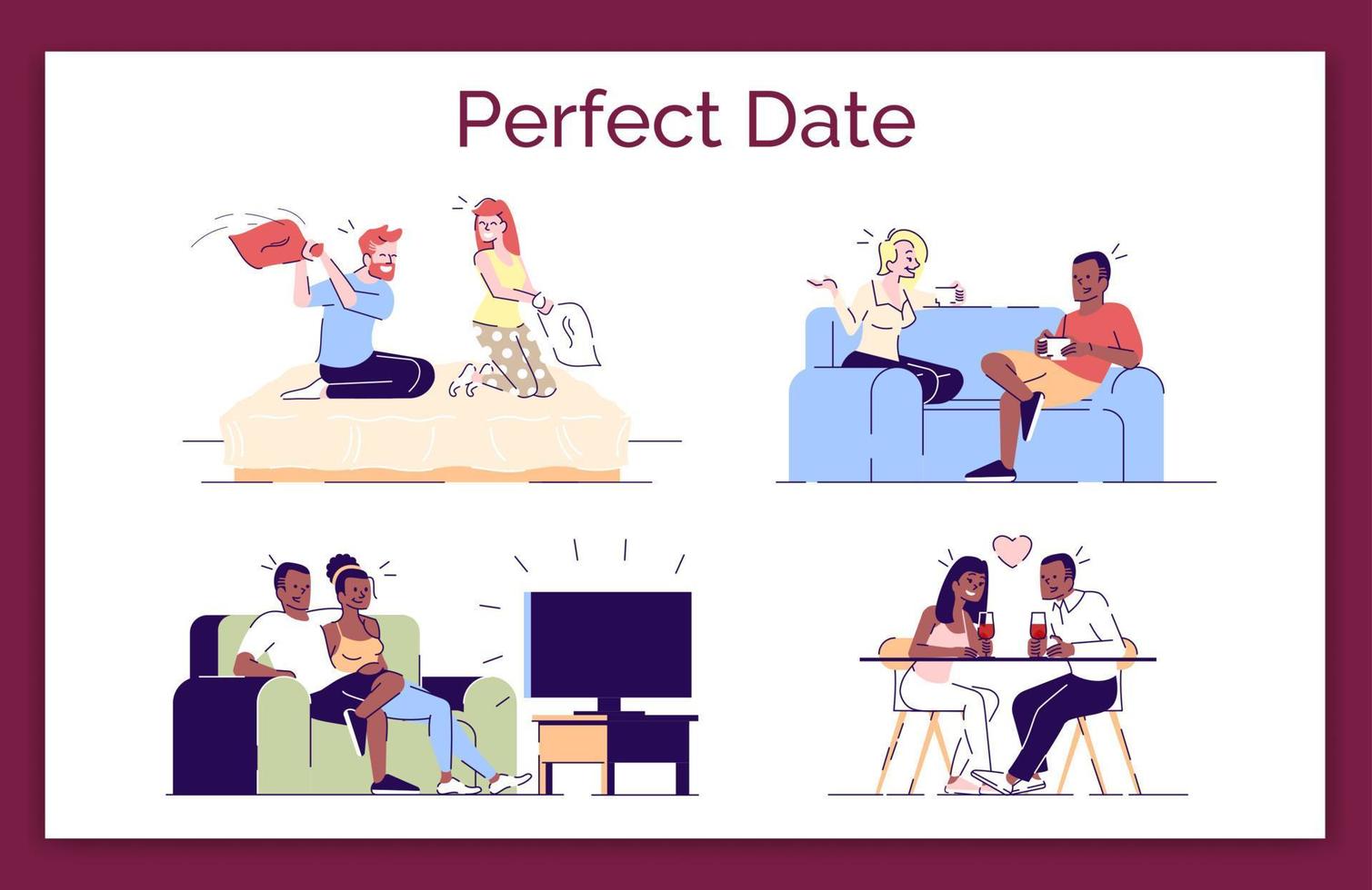 Ilustración de concepto de vector plano de fecha perfecta. pareja romántica disfrutando de relax, tiempo libre juntos. novio, novia, amantes pasatiempo elementos de diseño de dibujos animados aislados establecidos en fondo blanco