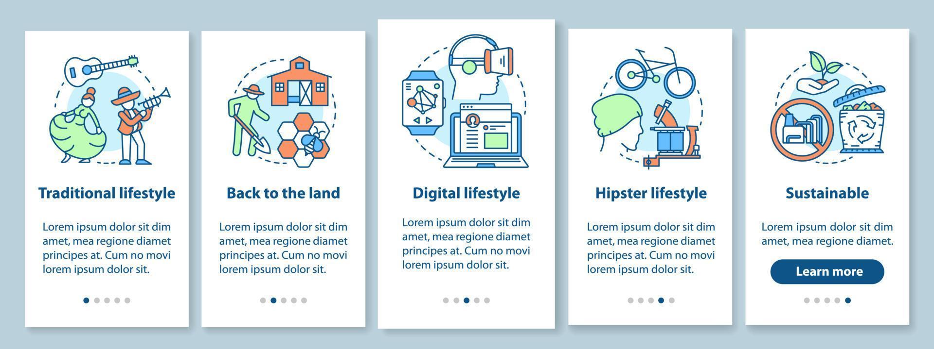 Lifestyle types onboarding mobile app page screen with linear concepts. Traditional, digital, hipster life style walkthrough steps graphic instructions. UX, UI, GUI vector template with illustrations