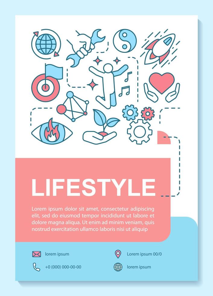 Lifestyle poster template layout. Style of living. Social behavior. Banner, booklet, leaflet print design with linear icons. Vector brochure page layouts for magazines, advertising flyers