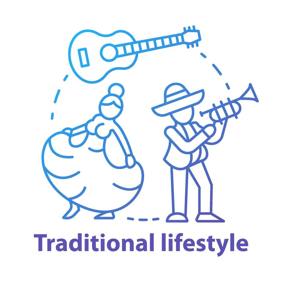 Traditional lifestyle blue concept icon. Latino party idea thin line illustration. Dancing and singing. Musical instruments, guitar, saxophone. Vector isolated outline drawing. Editable stroke