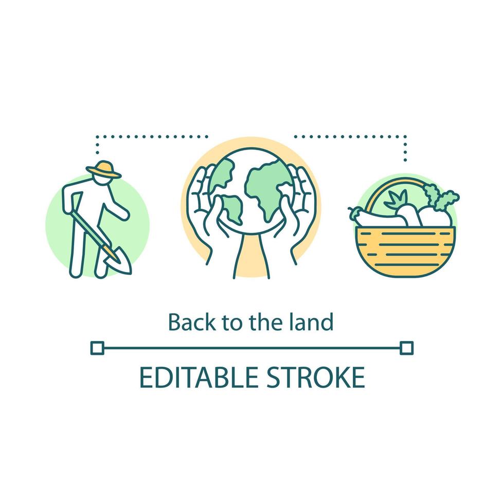 Back to the land concept icon. Agrarian movement idea thin line illustration. Cultivating plants. Agriculture and harvesting. Organic vegetables. Vector isolated outline drawing. Editable stroke