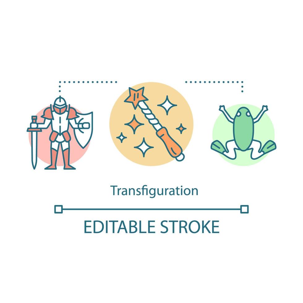 Transfiguration concept icon. Wizardry and witchcraft idea thin line illustration. Appearance alteration spell. Wizard wand, medieval knight and frog vector isolated outline drawing. Editable stroke