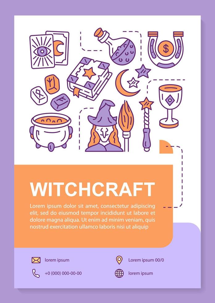 Witchcraft poster template layout. Banner, booklet, leaflet print design with linear icons. Witch potion, magic wand and spellbook. Vector brochure page layouts for magazines, advertising flyers