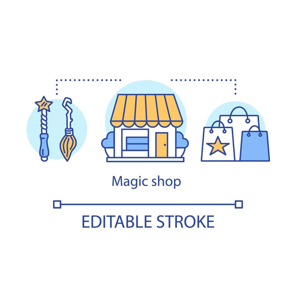 Magic shop concept icon. Witchcraft accessories sale idea thin line illustration. Mystic souvenirs. Wizard wand, broomstick, store building and bags vector isolated outline drawing. Editable stroke