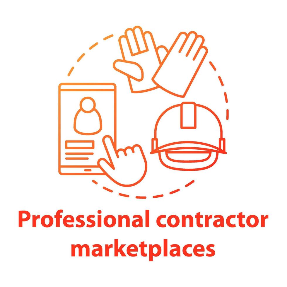 Online professional contractor marketplaces concept icon. Construction industry, residential repair service idea thin line illustration. Smartphone, hard hat and gloves vector isolated outline drawing