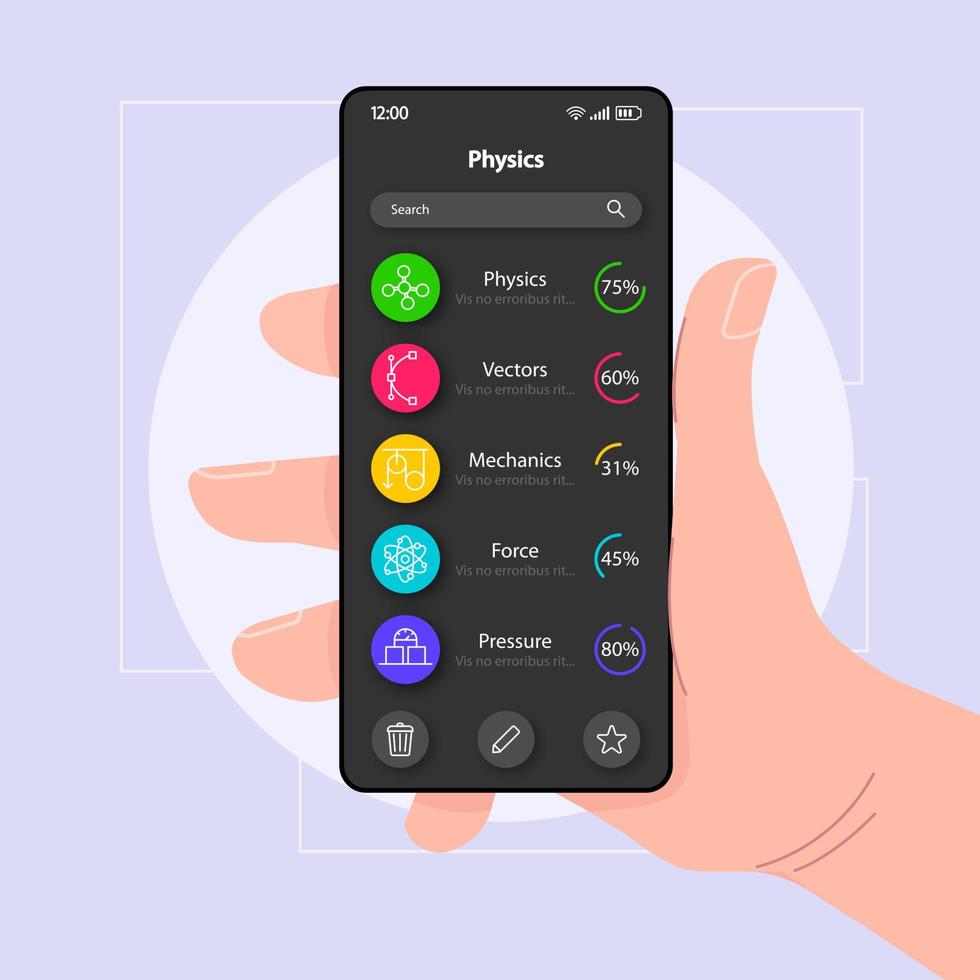 Physics tutorial smartphone interface vector template. Mobile app page black design layout. Educational material screen. Flat UI for application. Hand holding phone with physical categories on display