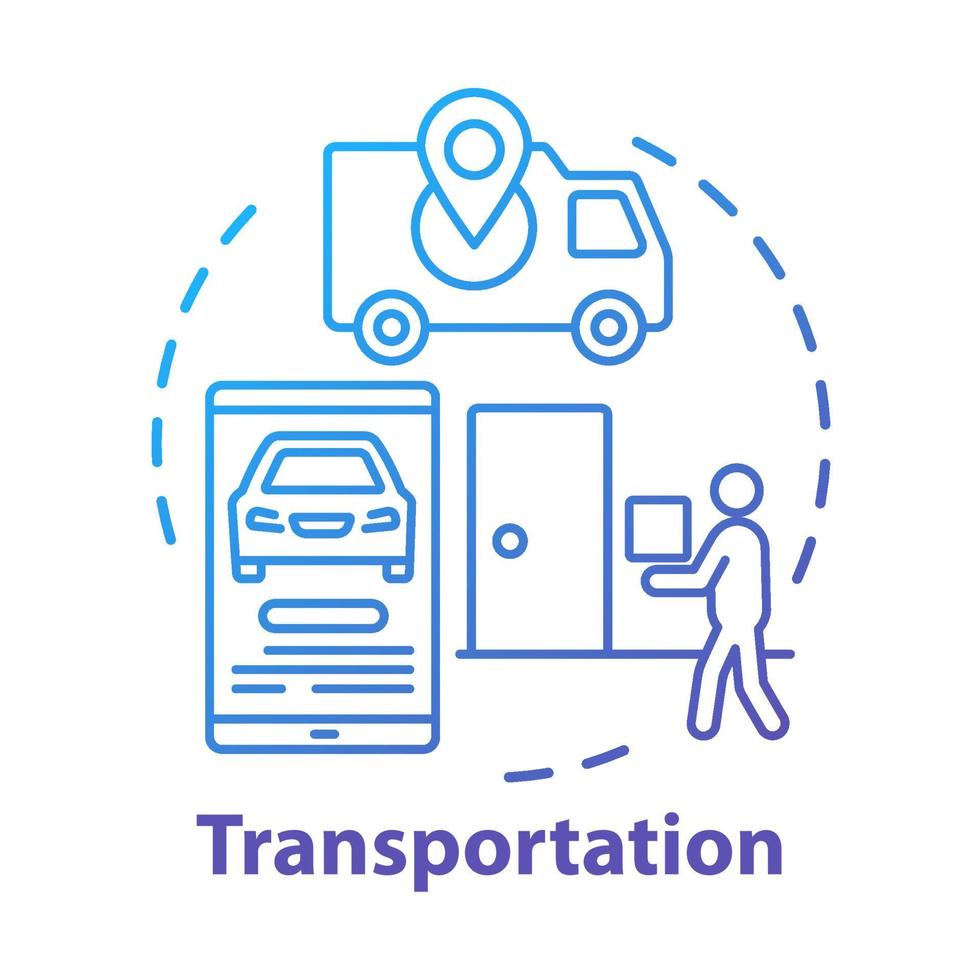 icono del concepto de servicio de transporte. ilustración de línea delgada de idea de negocio de entrega a domicilio express. aplicación de llamada de taxi. furgoneta, teléfono inteligente y mensajero con dibujo de contorno aislado del vector del paquete