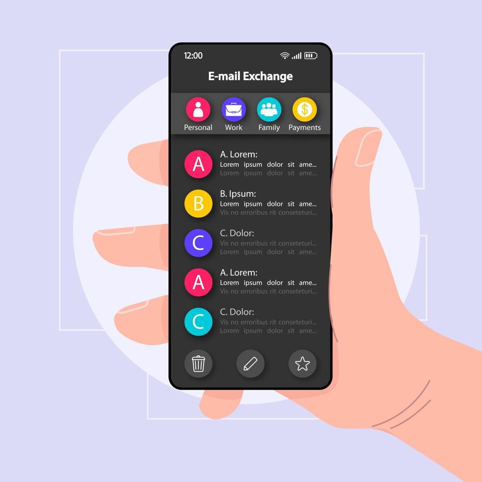 E-mail exchange menu smartphone interface vector template. Mobile app page black design layout. Incoming mail organizer screen. Flat UI for application. Hand holding phone with chats on display