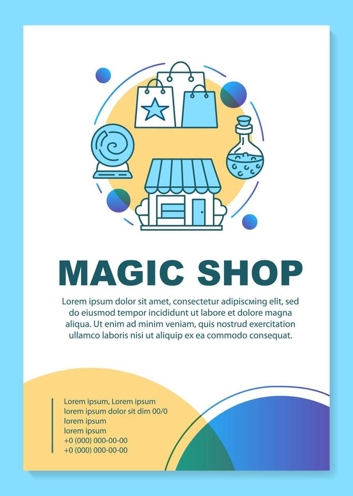 Magic shop poster template layout. Esoteric store building and purchases. Banner, booklet, leaflet print design with linear icons. Vector brochure page layouts for magazines, advertising flyers