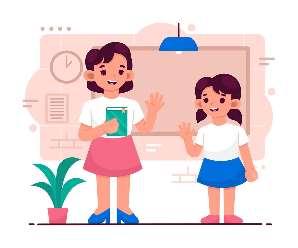 Elementary Teacher and Her Student at School vector