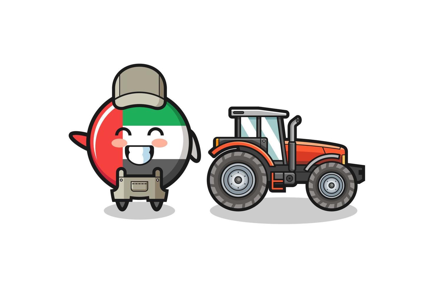 the uae flag farmer mascot standing beside a tractor vector