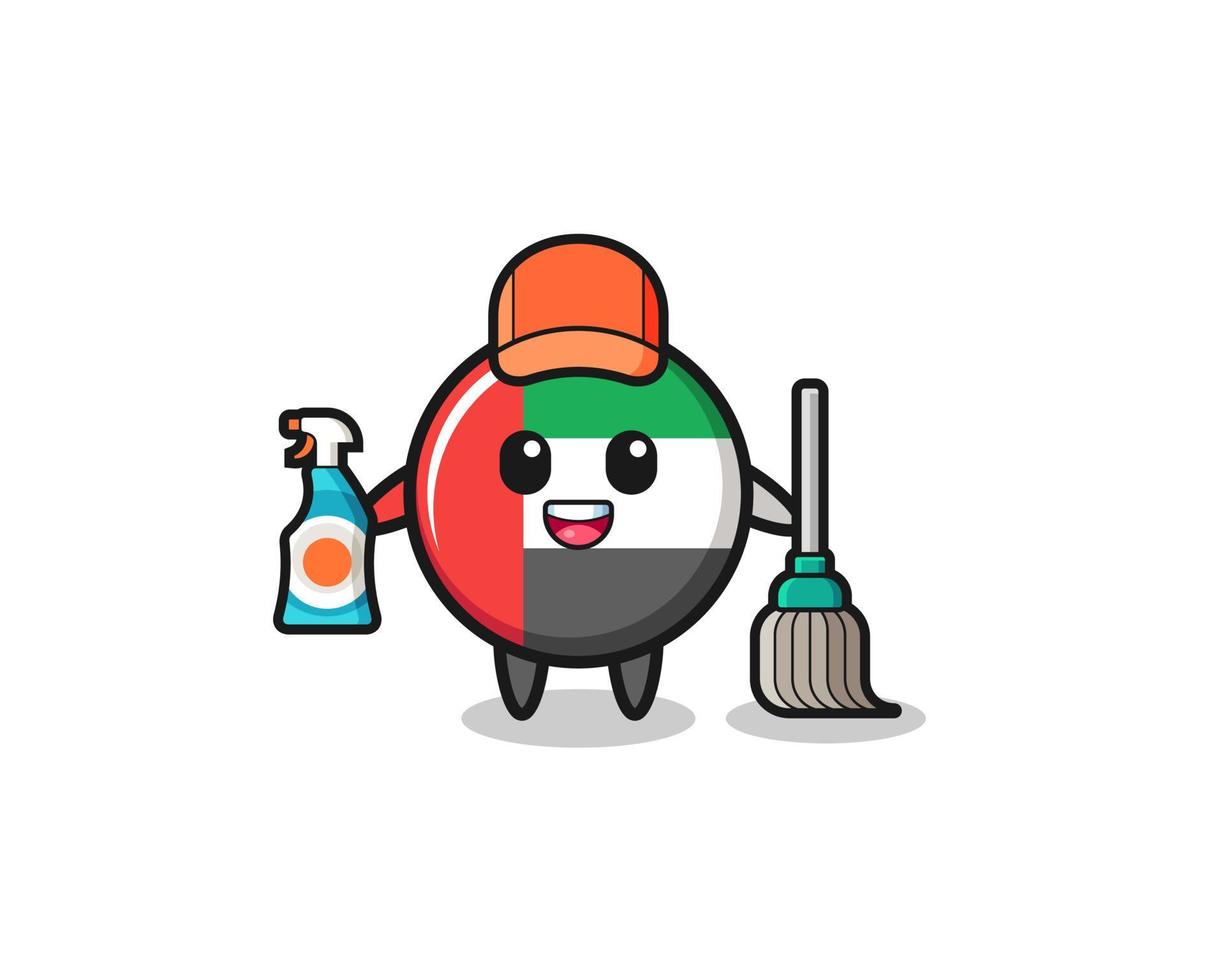 lindo personaje de la bandera de los emiratos árabes unidos como mascota de los servicios de limpieza vector