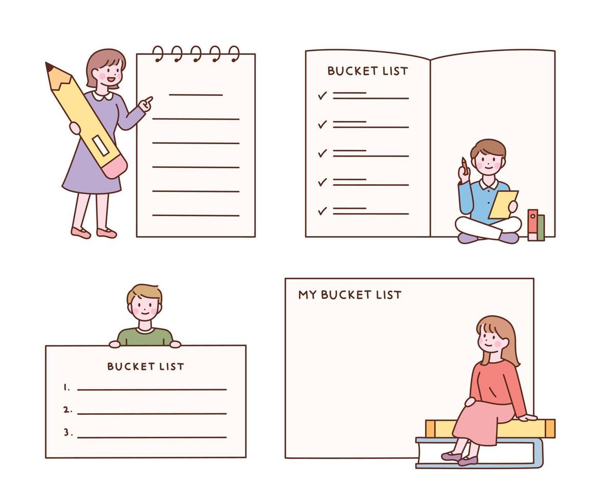 Cute characters writing a checklist next to a large piece of paper. vector