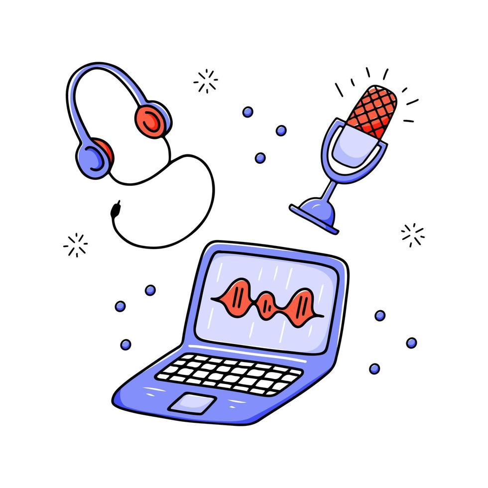 Podcast equipment - hand drawn laptop, microphone and headphones. Vector illustration in doodle style
