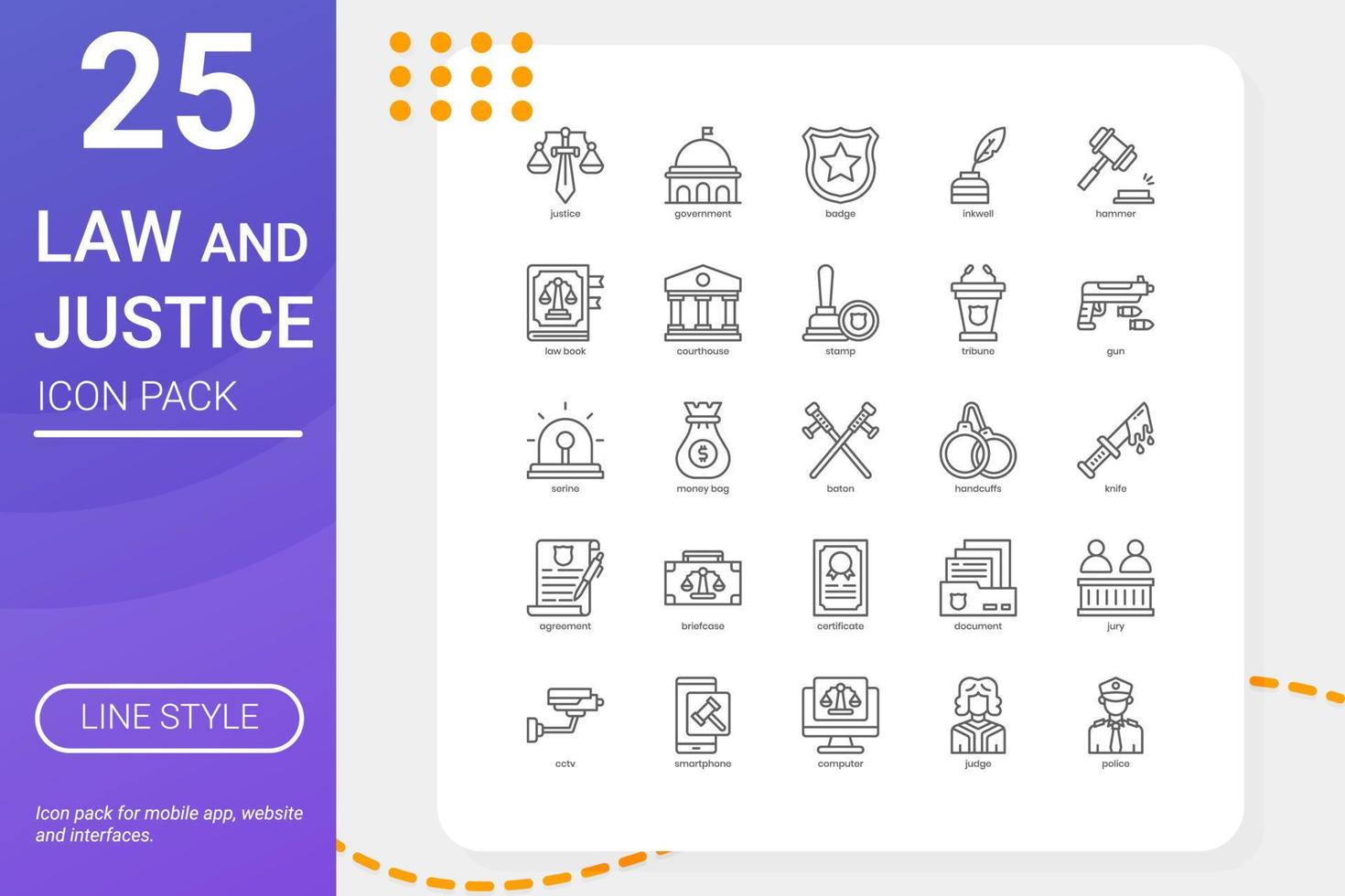 Law and Justice icon pack for your website design, logo, app, UI. Law and Justice icon outline design. Vector graphics illustration and editable stroke.