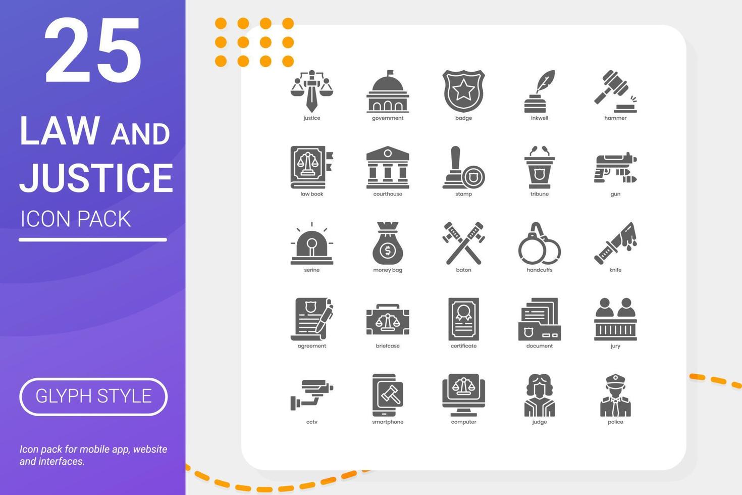 Law and Justice icon pack for your website design, logo, app, UI. Law and Justice icon glyph design. Vector graphics illustration and editable stroke.