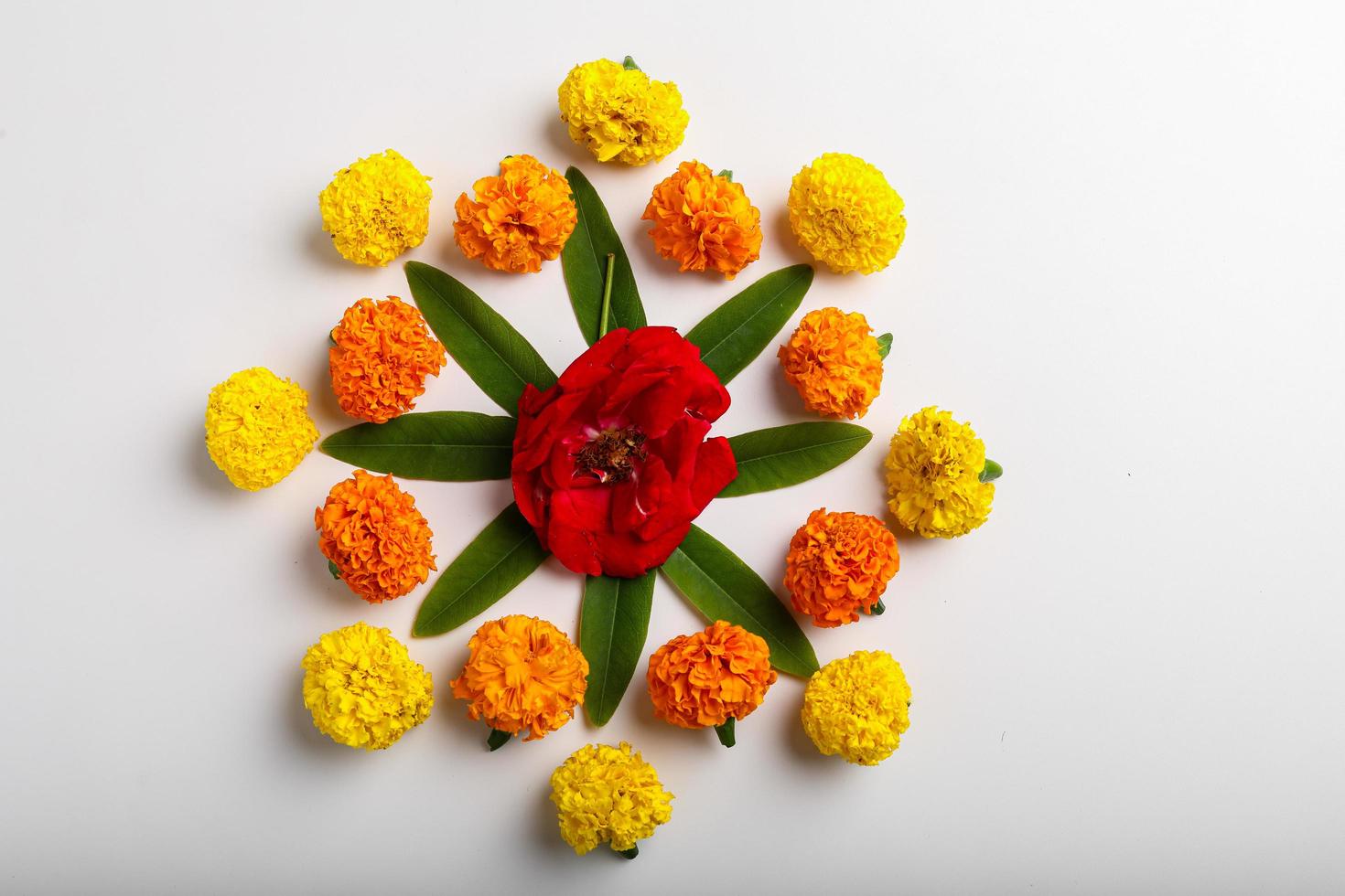 Marigold Flower rangoli Design for Diwali Festival , Indian Festival flower decoration photo