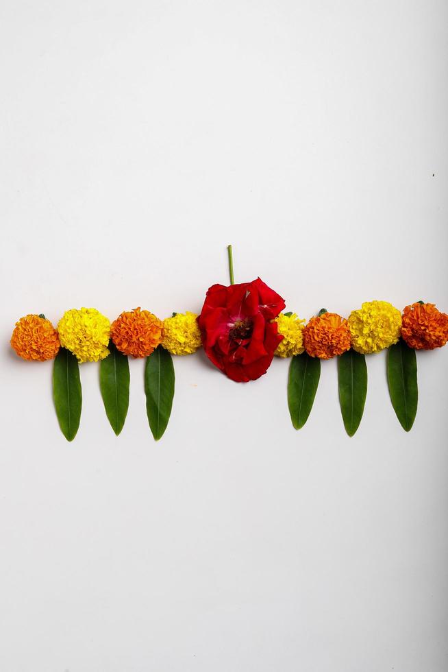 Marigold Flower rangoli Design for Diwali Festival , Indian Festival flower decoration photo