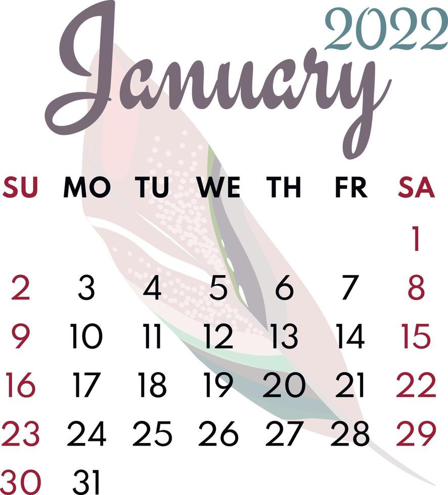 monthly calendar january 2022 vector