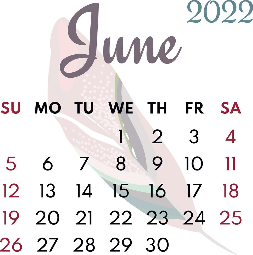 mes calendario junio 2022 vector