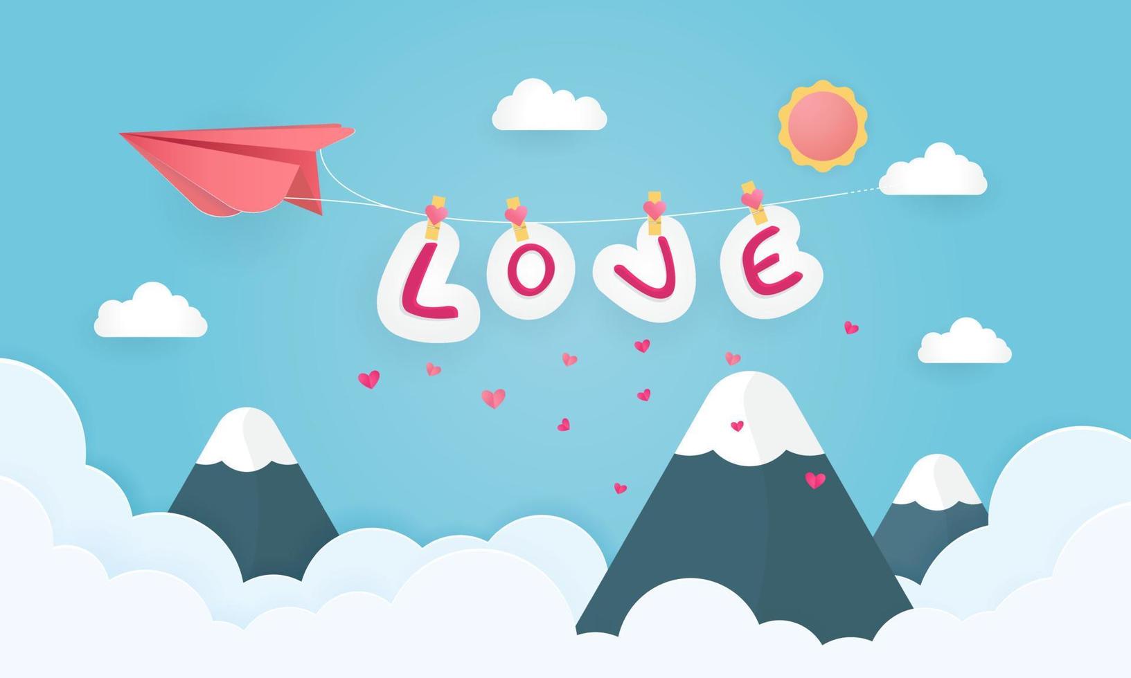 illustration of love and valentine day with paper heart balloon and gift box float on the blue sky. Can be used for Wallpaper, flyers, invitation, posters, banners. Paper cut style. vector